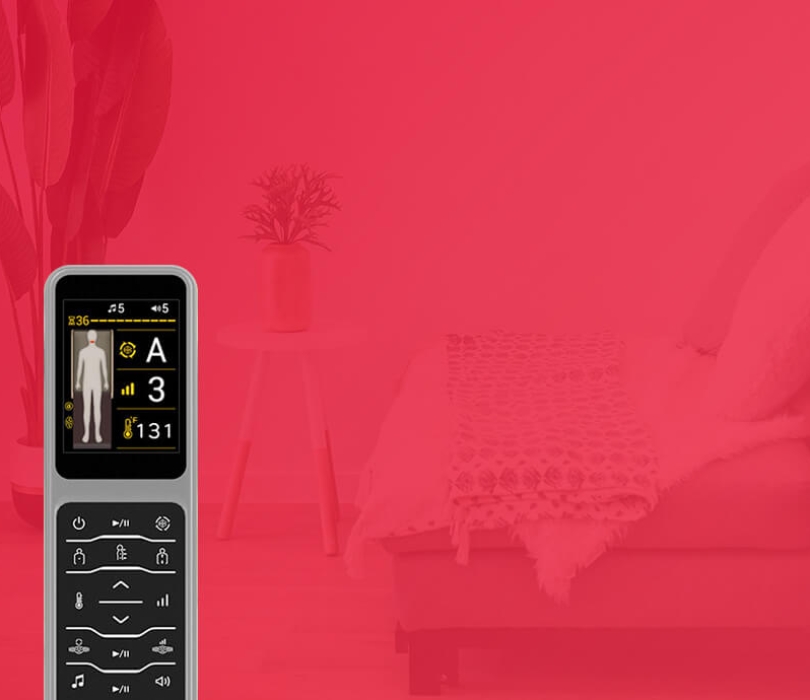 CERAGEM Master V4 Fernbedienung vor rotem Hintergrund