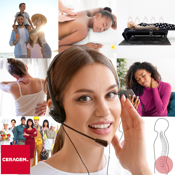 Bilder-Collage mit neun Bildern, welche die verschiedenen Bereiche der Website darstellen. In der Front ist eine Mitarbeiterin mit Headset zu sehen