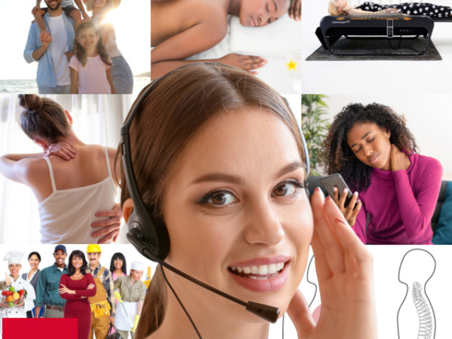 Bilder-Collage mit neun Bildern, welche die verschiedenen Bereiche der Website darstellen. In der Front ist eine Mitarbeiterin mit Headset zu sehen