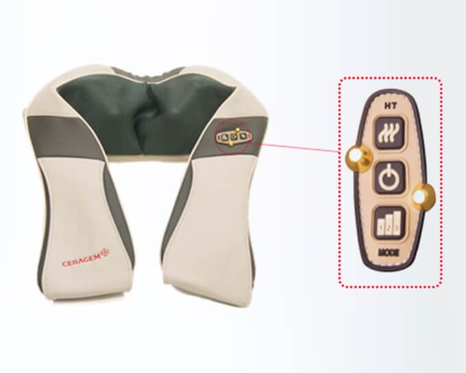 Healax Schultermassagegerät mit der vertikalen Darstellung der Bedienfunktion. Taste 1: Symbol für Wärmeregulierung. Taste 2: Symbol für den An- und Ausschalter. Taste 3: Symbol für die Intensitätsstufen.