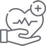 Piktogramm - Gesundheit. Eine Hand hält ein Herz, in der ein Sinusrhythmus zu sehen ist. Es symbolisiert die positive Wirkung der CERAGEM-Liege.